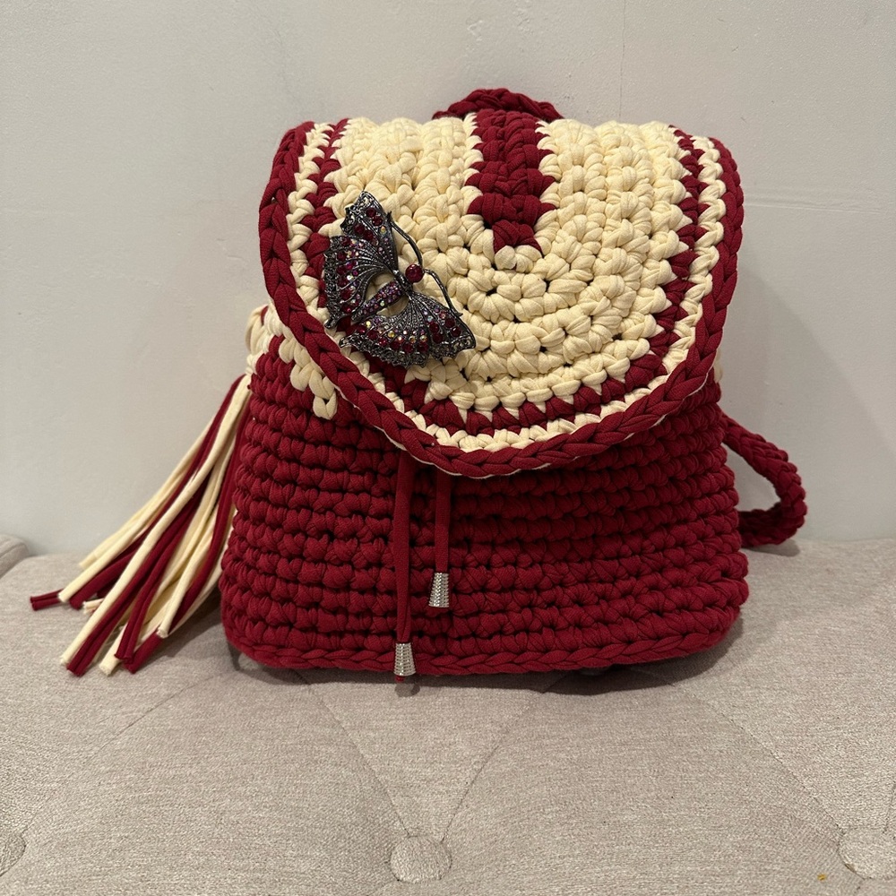 Chic Red and Cream Crochet Kids Backpack